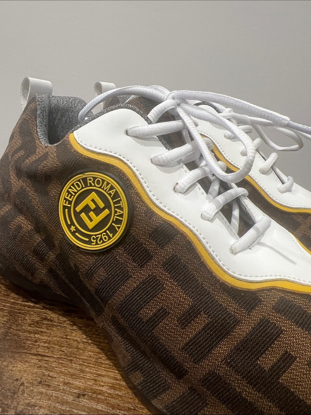 Fendi Brown Monogram Sneakers with White & Yellow Accents